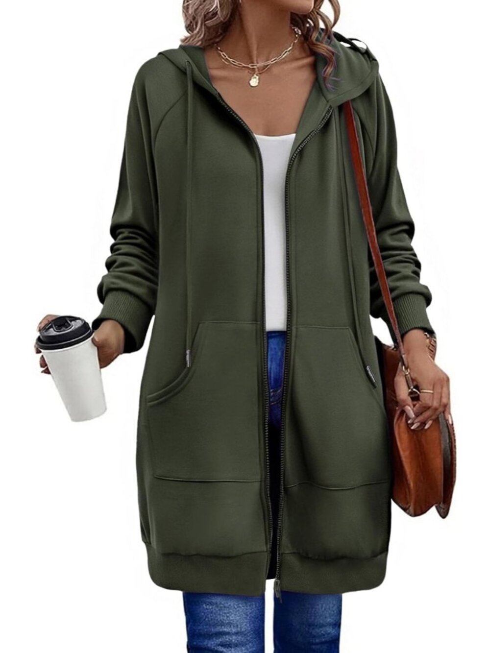 Women's Army Green Long Zip Up Fleece Hoodie Tunic Sweatshirt Pocket Jacket